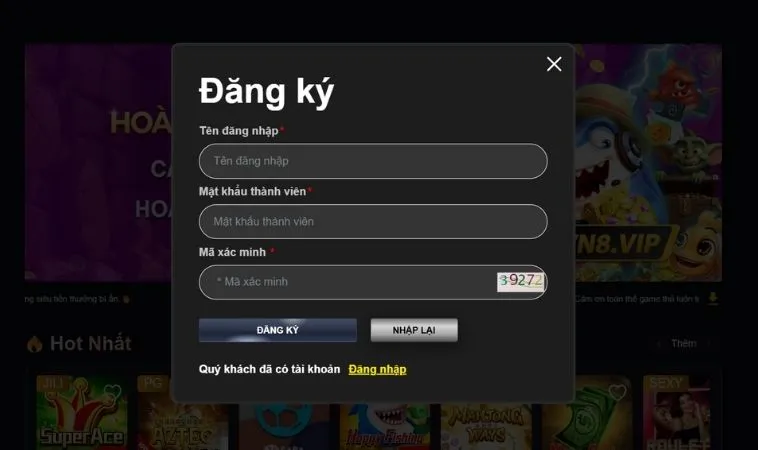 Giao diện đăng ký WINVN