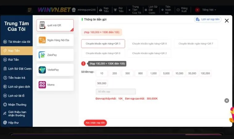 Giao diện nạp tiền WINVN