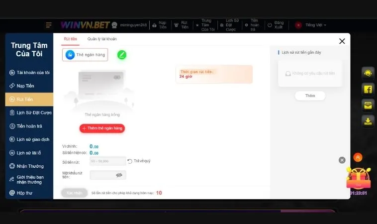 Giao diện rút tiền WINVN
